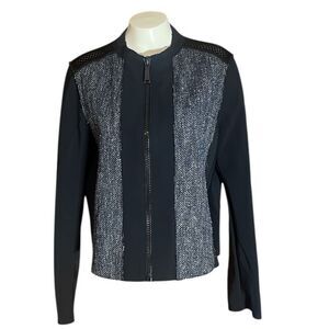 Elie Tahari Black Tweed & Mesh Zip Up Mixed‎ Media Jacket Sz L